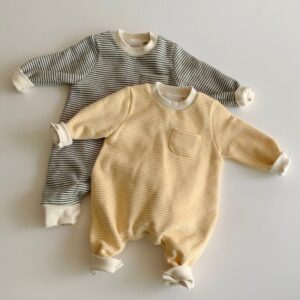 Striped Baby Fleece-Lined Jumpsuit – Long Sleeve Cotton Romper for Fall & Winter (66–90cm)