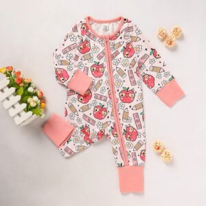 Infant Girls Back-to-School Romper – Apple & Pencil Print Long Sleeve Jumpsuit Outfit (0–18M)
