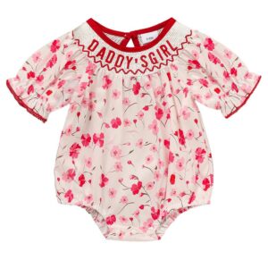 Infant Girls Floral Smocked Romper – “Daddy’s Girl” Embroidery Short Sleeve Princess Party Bodysuit (0–18M)