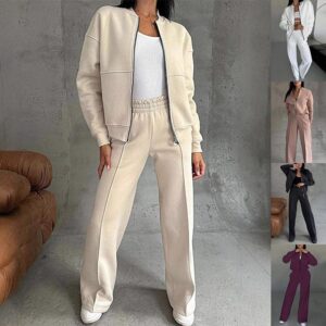 Women’s Sports Two-Piece Set – Zipper Jacket & Wide-Leg Pants Athleisure Outfit