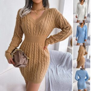 Women’s Solid Color V-Neck Knit Dress – Slim Waist High-Waist Lantern Sleeve Bodycon Dress