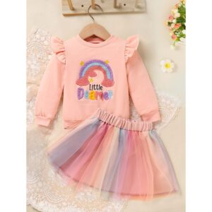 Baby Girls Rainbow Tutu Skirt Set – “Little Dreamer” Embroidered Long Sleeve Sweatshirt & Tulle Skirt Outfit (3–24M)