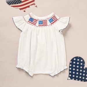 Baby Girl 4th of July Romper – Patriotic Bubble Bodysuit with American Flag Embroidery (0–18M)