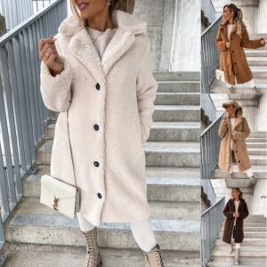 Women’s Long-Sleeve Plush Lapel Jacket – Minimalist Solid Color Warm Coat
