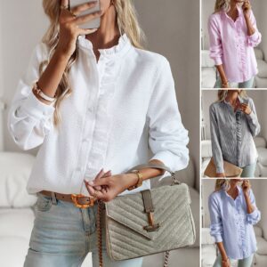 Women’s Striped Long Sleeve Ruffle Blouse – Button-Up Casual Office Shirt, Elegant Workwear Top