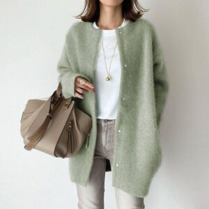 Women’s Loose Knit Cardigan Coat – Round Neck Single Breasted Solid Color Jacket for Fall & Winter