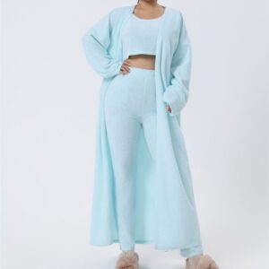 Women’s Cozy 3-Piece Pajama Lounge Set – Soft Knit Crop Top, Wide-Leg Pants & Long Cardigan Winter Loungewear Set