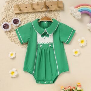 Baby Green Clover Romper – Lapel Short Sleeve Playsuit with Snap Closure (3–18M)