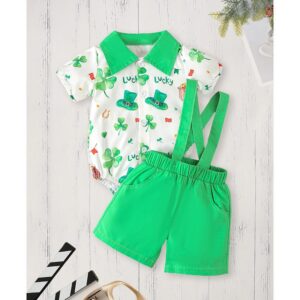 Baby Boy St. Patrick’s Day Outfit – Clover Print Romper & Suspenders Pants 2-Piece Set (3–24M)