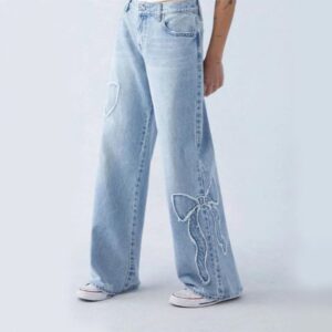 Women’s Straight-Leg Butterfly Embroidered Jeans – Frayed Side Street Style Baggy Pants