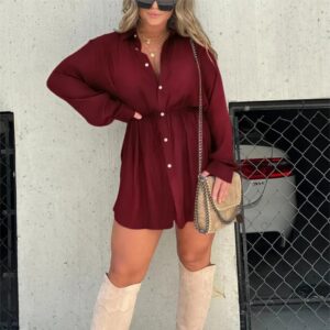 Women’s Long Sleeve Jumpsuit – Button-Down Fashion Shirt Dress Romper, Lace-Up Casual Chic