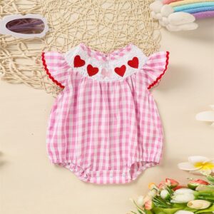 Baby Girl Checkered Romper – Short Sleeve with Heart Embroidery, Ruffle Trim & Back Cut-Out (0–18M)