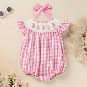 Baby Girl Bunny Romper Set – Cap Sleeve Pink Checkered Playsuit with Headband for Easter (3–18M)