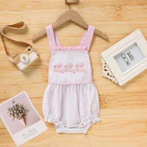 Baby Bunny Romper – Ruffle Trim Onesie with Adjustable Straps & Snap Closure for Easter & Spring (0–18M)