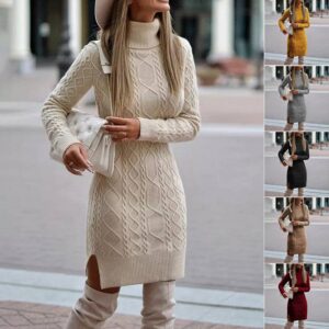 Women’s Turtleneck Knitted Dress with Side Slit – Winter Warm Long Pullover Sweater Dress