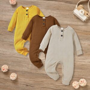 3-Pack Newborn Baby Ribbed Rompers – Long Sleeve Button Front Jumpsuits for Boys & Girls (0–24M)