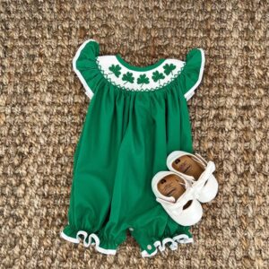 Baby Short Sleeve Romper – Clover Embroidery Ruffle Playsuit for Summer Vacation (3–18M)