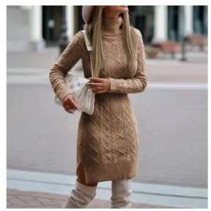 Fashion Turtleneck Knitted Dress With Slit Design Winter Warm Solid Color Pullover Long Sweater Women's Clothing