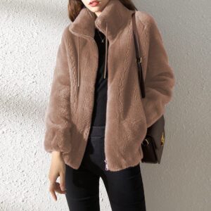 Women’s Double-Faced Fleece High Neck Cardigan – Loose Fit Warm Stand Collar Sweater Coat