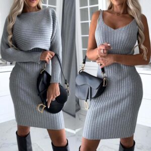 2-Piece Women’s Stripe Long Sleeve Top & Suspender Skirt Set – Slim Fit Autumn/Winter Fashion Outfit