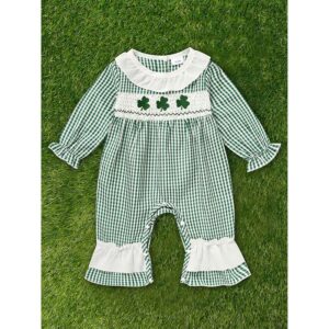 Newborn Baby Girl Green Plaid Clover Print One-Piece Bodysuit – Long Sleeve Infant Romper