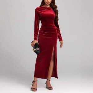 Women’s Velvet Slit Formal Maxi Dress – Long Sleeve High-Waist Elegant Evening Pleuche Dress (Red)