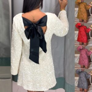 Women’s Sequined Back Bow Dress – Long Sleeve Round Neck Party & Elegant Evening Dress