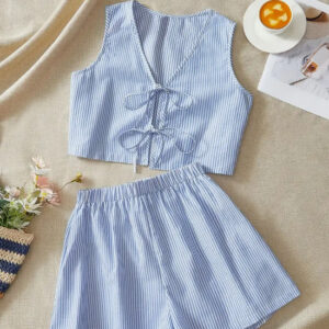 Women’s 2-Piece Elegant Striped Knit Set – Sleeveless Knit Tank Top & High-Waist Loose Shorts – Chic Summer Co-ord Suit