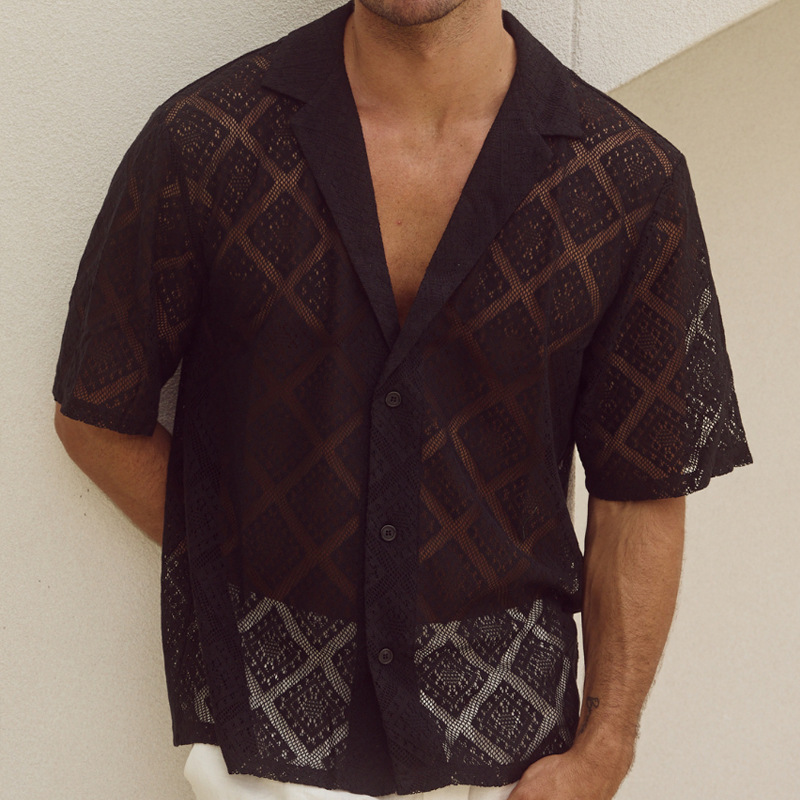 Men’s Hollow-Out Breathable Short-Sleeve Shirt – Casual Lapel Cardigan Button-Down Top - Image 4