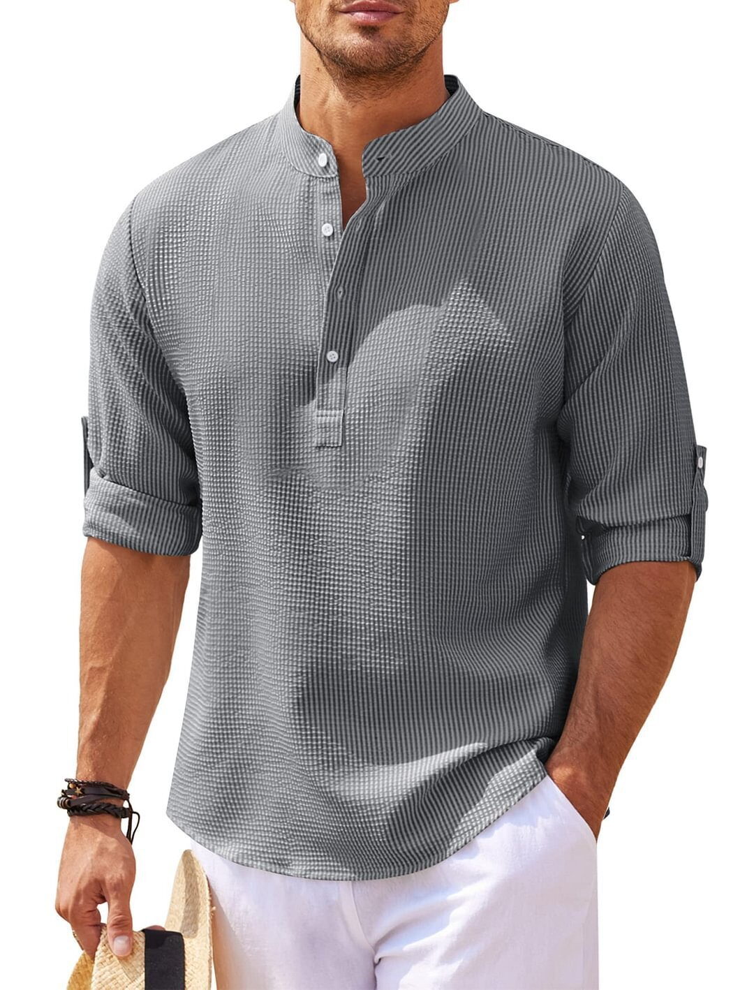 Men's Stand Collar Loose Fit Pullover Shirt - Image 10