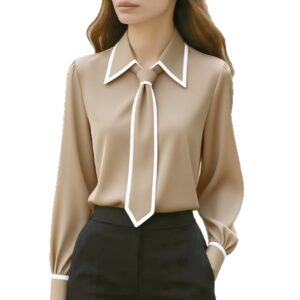 Women’s Autumn Fashion Tie-Front Shirt – Elegant Long-Sleeve Commuter Blouse – Sophisticated Solid Color Pullover Top