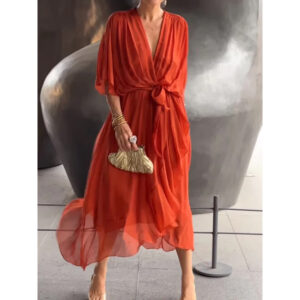 Women’s Batwing Sleeve V-Neck Dress – Summer Pure Color Tied Irregular Maxi Dress – Elegant Mid-Waist Fairy Dress
