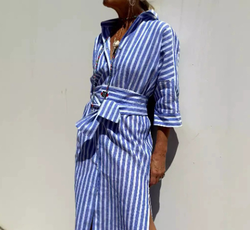 Women’s Striped Shirt Dress with Waist Belt - Image 3