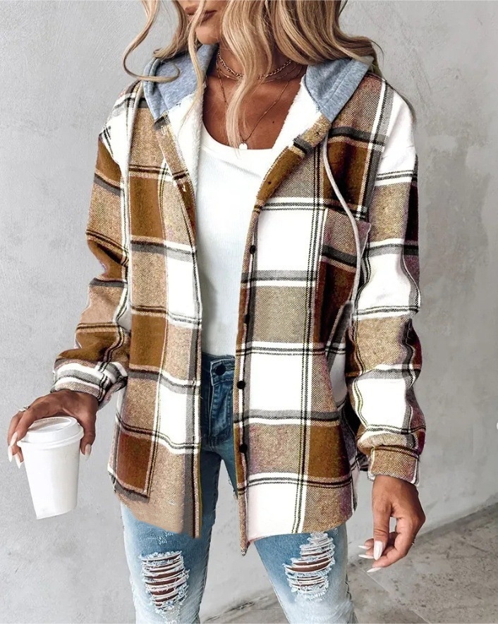 Women’s Plaid Hooded Jacket – Elegant Autumn & Winter Button-Down Coat – Casual Long-Sleeve Temperament Commuter Outerwear - Image 3