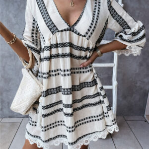 Women’s Geometric Print V-Neck Dress – Elegant Long-Sleeve OL Commuting Mini Dress – Fashionable Loose-Stitching Lace-Cuff A-Line Dress