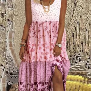 Women’s Sleeveless Stitching Summer Dress – Elegant Round Neck Mid-Length Printed Sun Dress – Chic Mid-Waist A-Line Vacation Dress