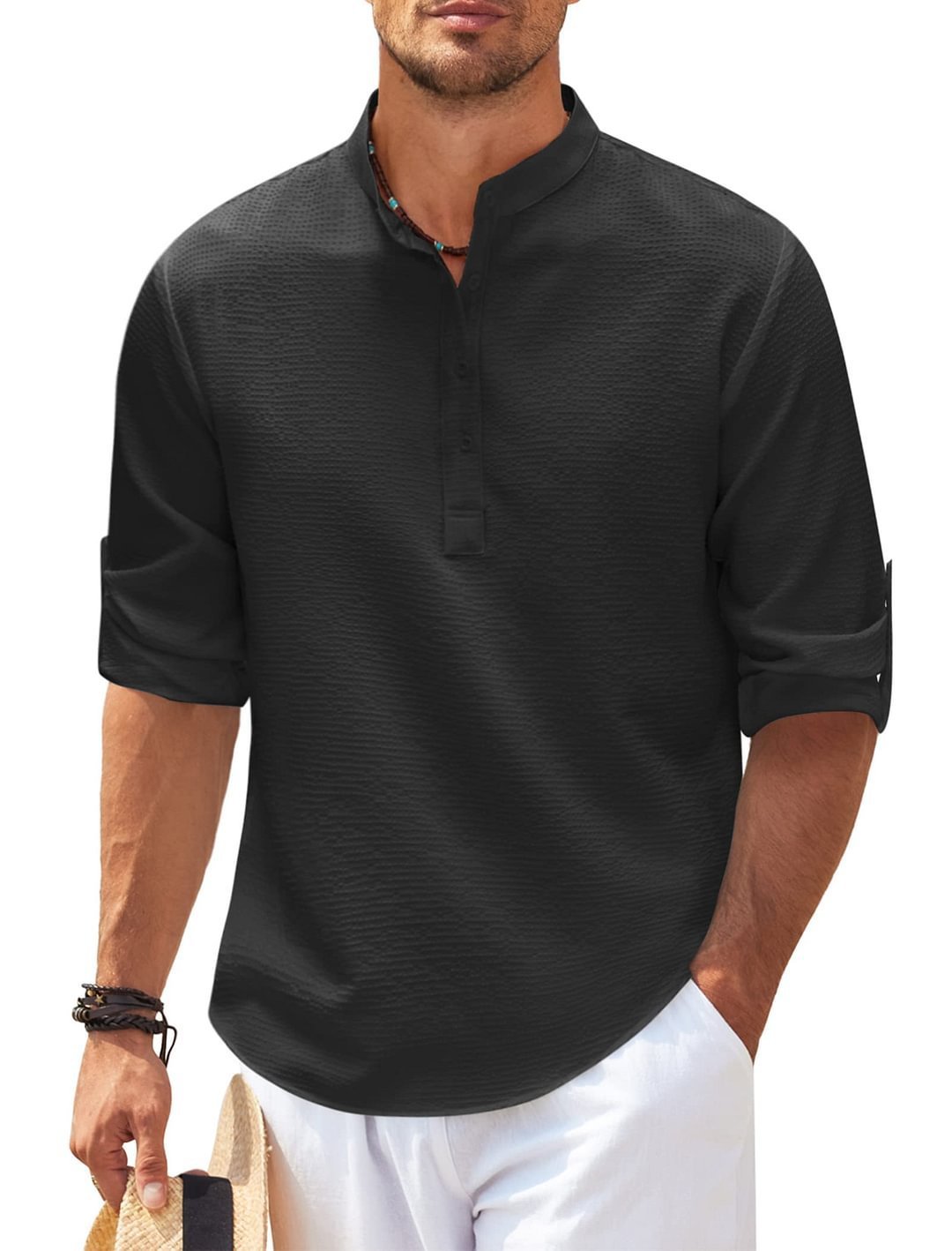 Men's Stand Collar Loose Fit Pullover Shirt - Image 8