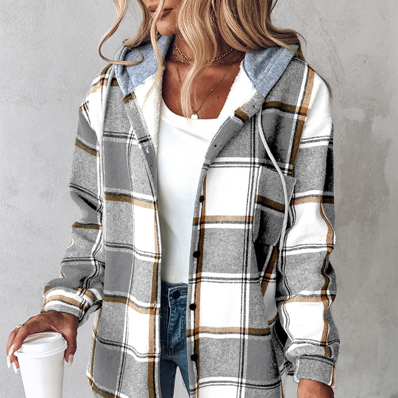 Women’s Plaid Hooded Jacket – Elegant Autumn & Winter Button-Down Coat – Casual Long-Sleeve Temperament Commuter Outerwear