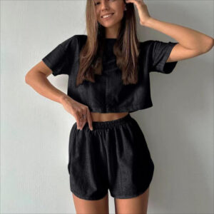 Women’s 2-Piece Summer Matching Set - Hollow Out Short Sleeve Crop Top & Elastic Slit Shorts - Trendy Casual Athleisure Suit