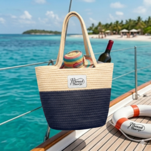 Handwoven Straw Bag — Boho Beach Tote with 'Thread Theorys' Embroidery Patch