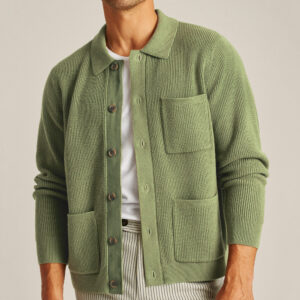 Men’s High-Density Shirt-Collar Sweater – Slim-Fit Long-Sleeve Mercerized Cotton Cardigan – Trendy Hong Kong Style Green Knitwear for Youth