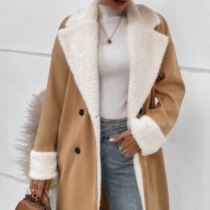 Women’s Leisure Commute Woolen Coat – Elegant Khaki Solid Color Overcoat – Casual Long Sleeve Polyester Jacket for Fall & Winter