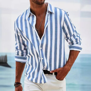 Men’s Striped Casual Loose Long-Sleeve Shirt – British Style Cardigan Spring Autumn Top