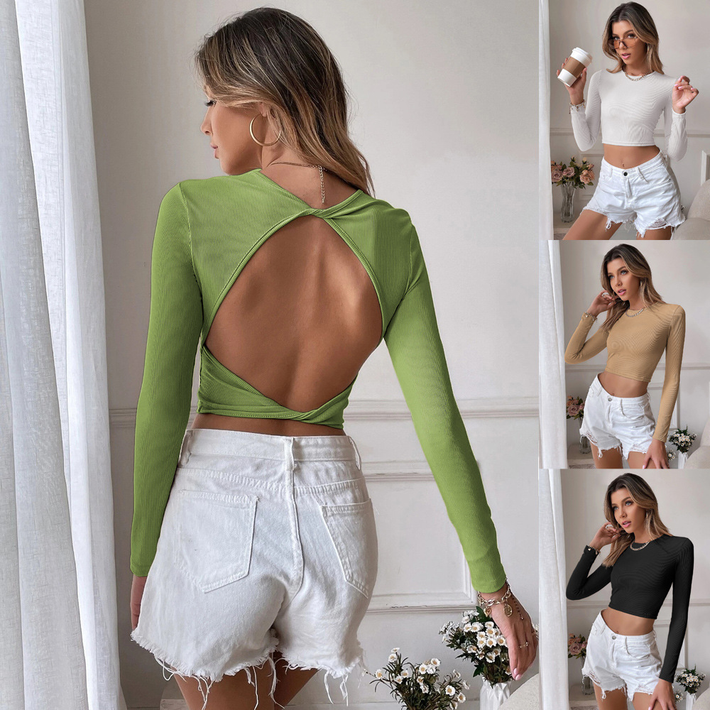 Women’s Cropped Slim Knit Long-Sleeve T-Shirt – Modern Round Neck Stitched Top - Image 2