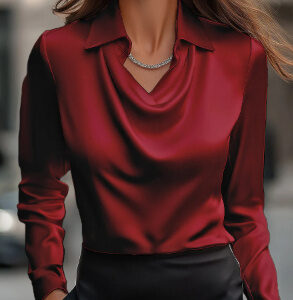 Women’s Elegant Draped Satin Blouse – Swing Collar Long-Sleeve Pullover & Office Ladies’ Top