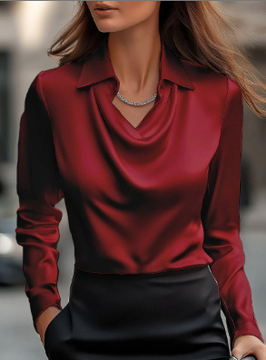 Women’s Elegant Draped Satin Blouse – Swing Collar Long-Sleeve Pullover & Office Ladies’ Top