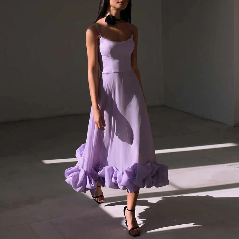 Women's Large Three-Dimensional Flower A-Line Skirt – Elegant Chiffon Suspender Dress - Image 3