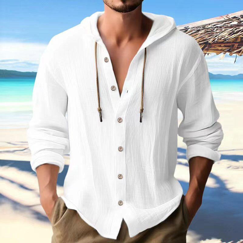 Men's Cotton Linen Hooded Cardigan Shirt - Image 2