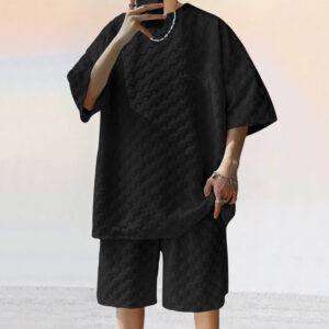 Men’s Jacquard Plaid Casual Suit – Loose Straight T-Shirt & Shorts Two-Piece Sports Set