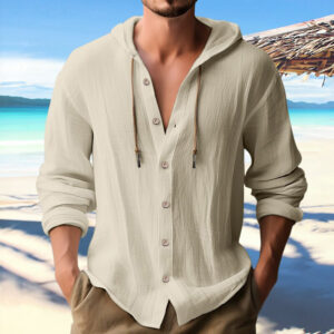 Men’s Hooded Cotton-Linen Button Shirt – Loose Long-Sleeve Street Fashion Cardigan Hoodie